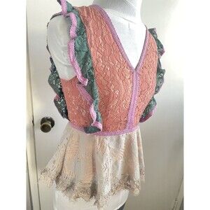 Hippie BOHO Multicolor Lace Flutter Top Fun Free Spirit Sleeveless Top Sz XS
